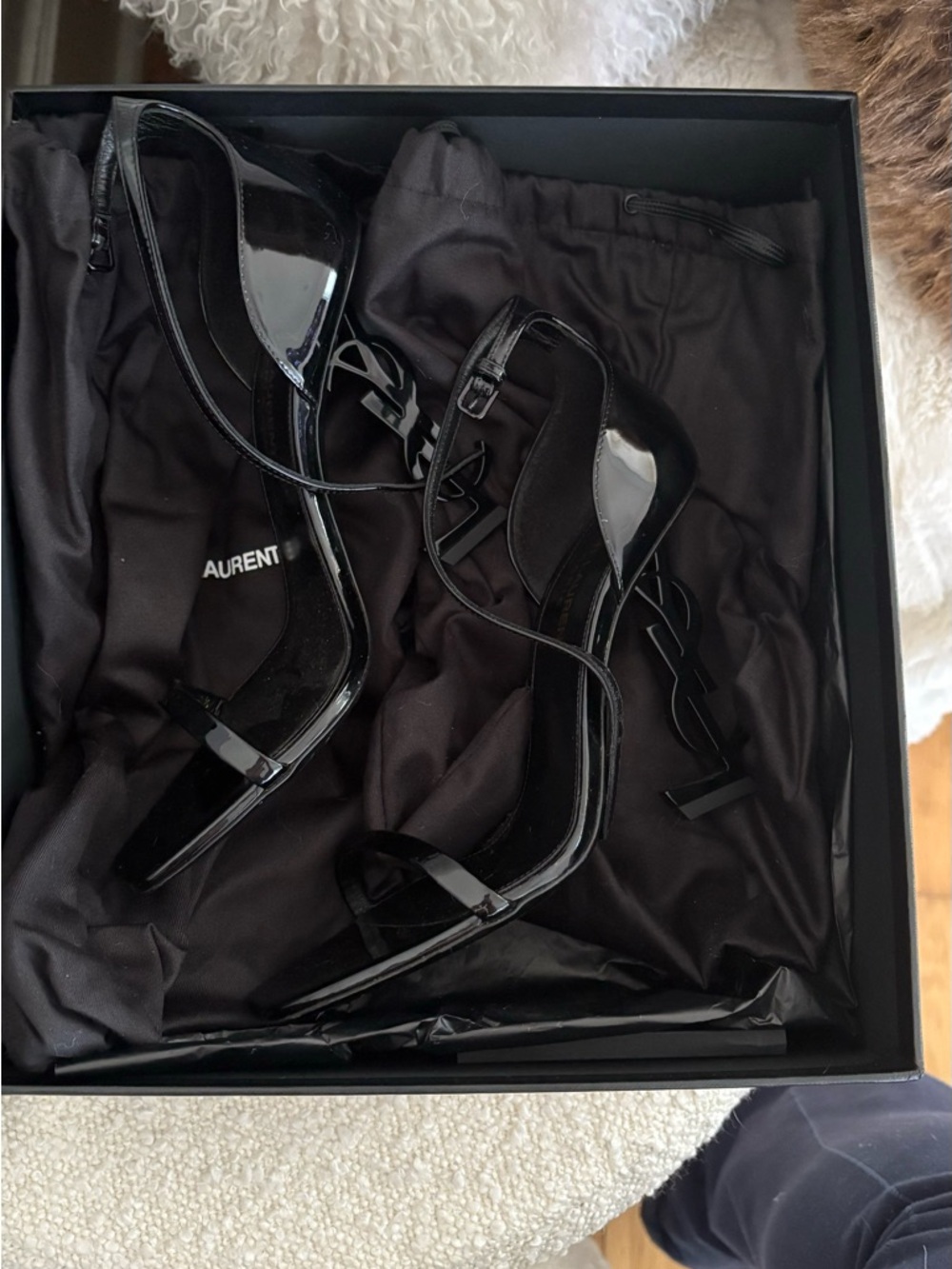 Saint Laurent Black Patent Leather Strappy Sandals with Logo Heel